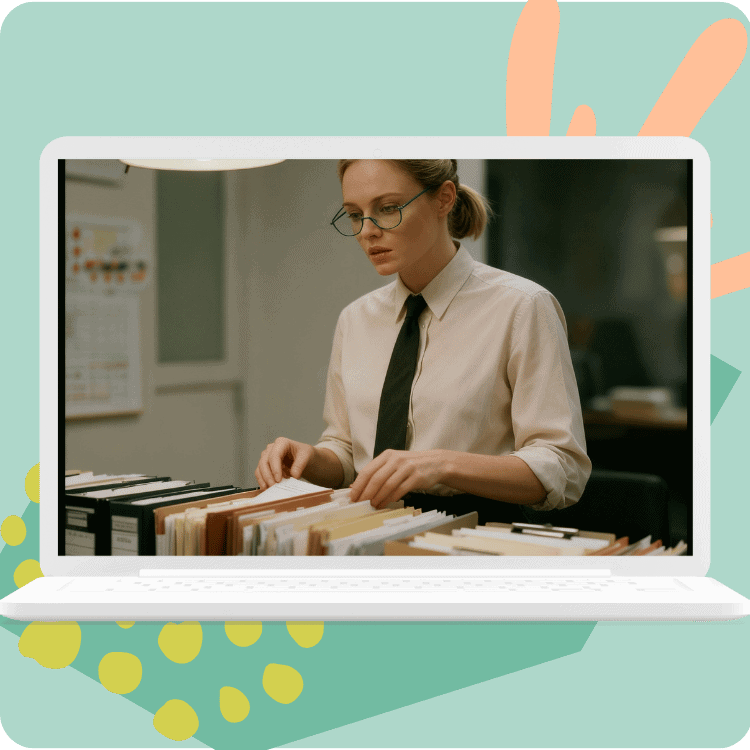 illustration d'une femme entrain de ranger des documents avec une chemise blanche et une cravate