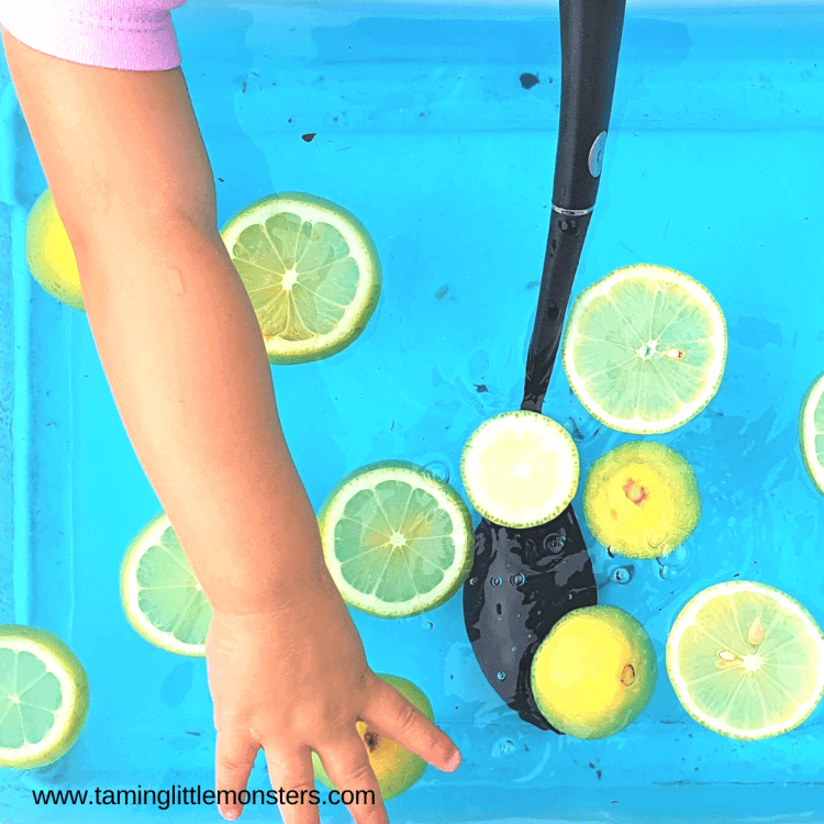 sensory bin with lemons and water