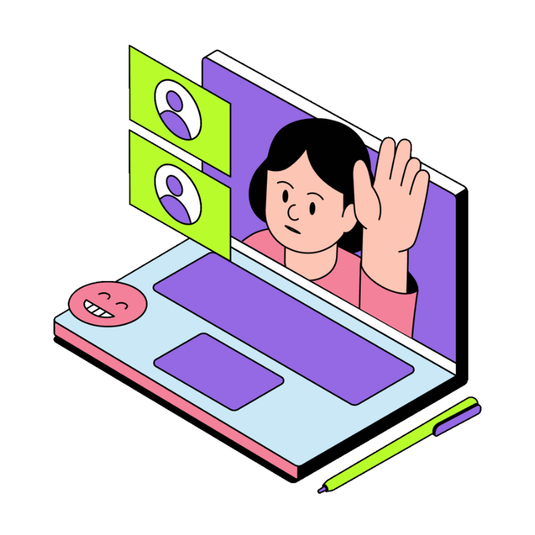 Dibujo de persona en pantalla saludando a la camara hablando con otras personas