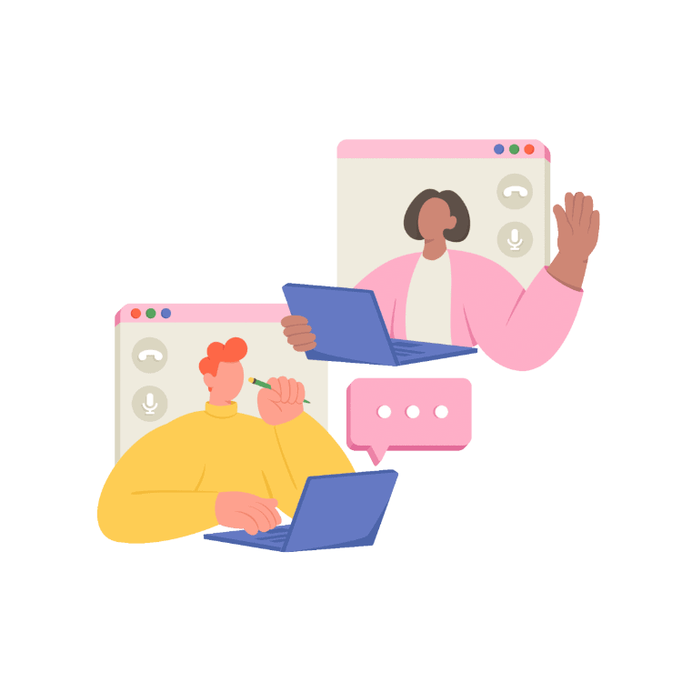 Dibujo de dos personas saludándose mientras hablan por videollamada