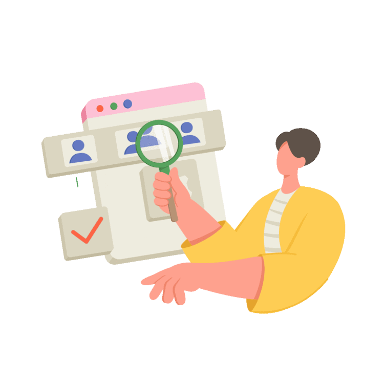 Dibujo de persona buscando con una lupa en un sitio web, donde se observan perfiles de otras personas