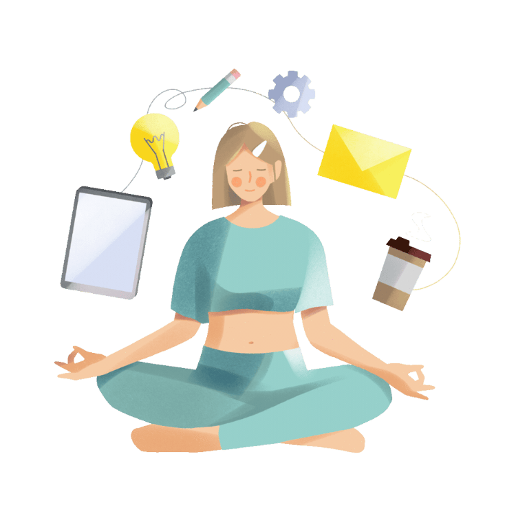 Dibujo de persona sentada en posición de yoga, con cafés, correos, ideas y dispositivos electrónicos flotando a su alrededor
