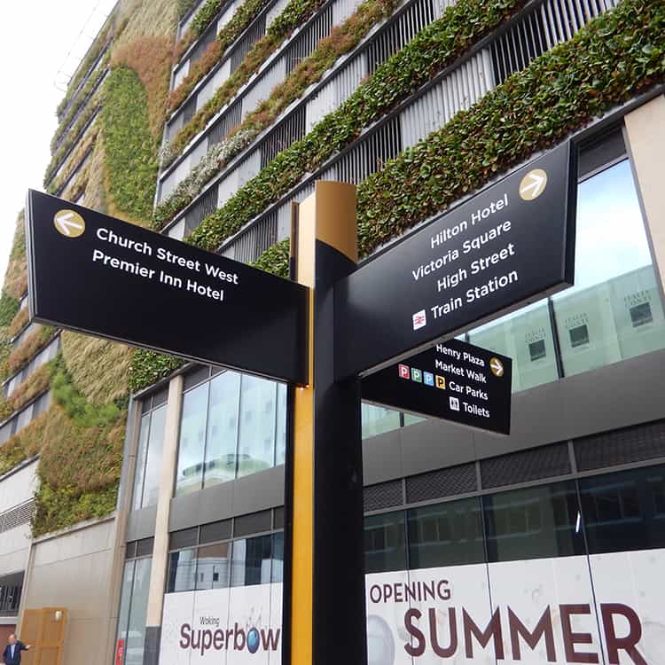 Close up of blades on Woking fingerpost wayfinding signage