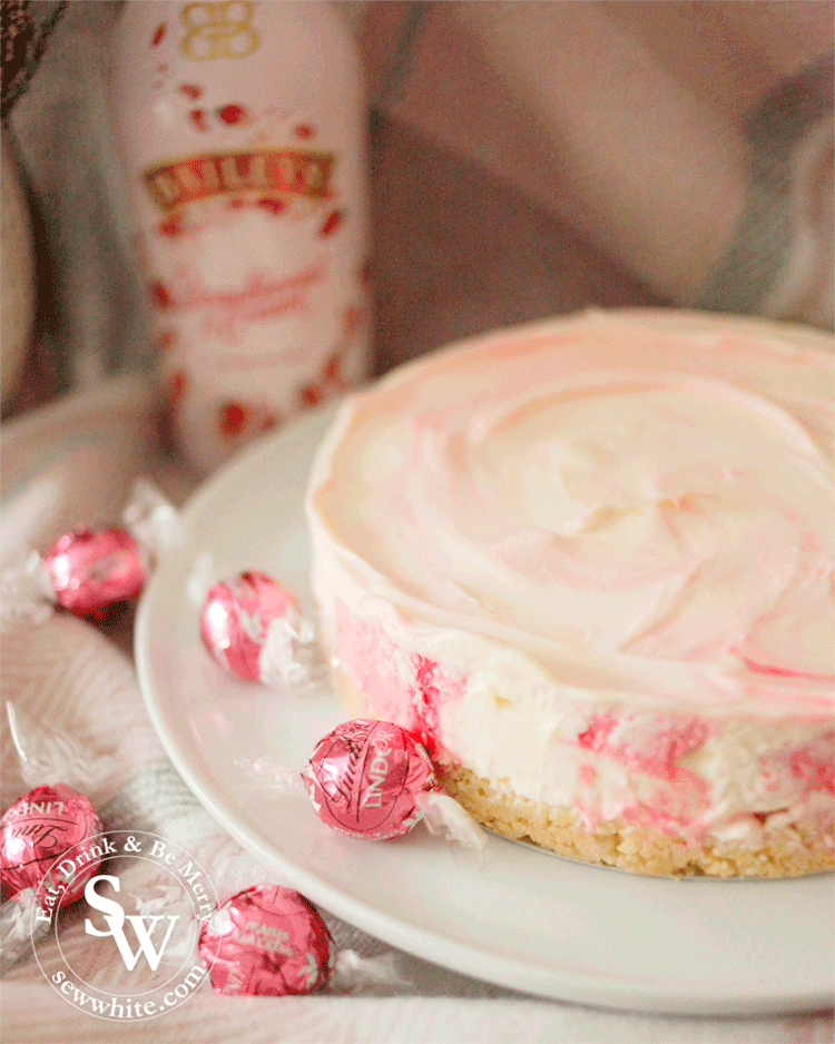 Lindt Truffles added to the no bake strawberries and cream cheesecake