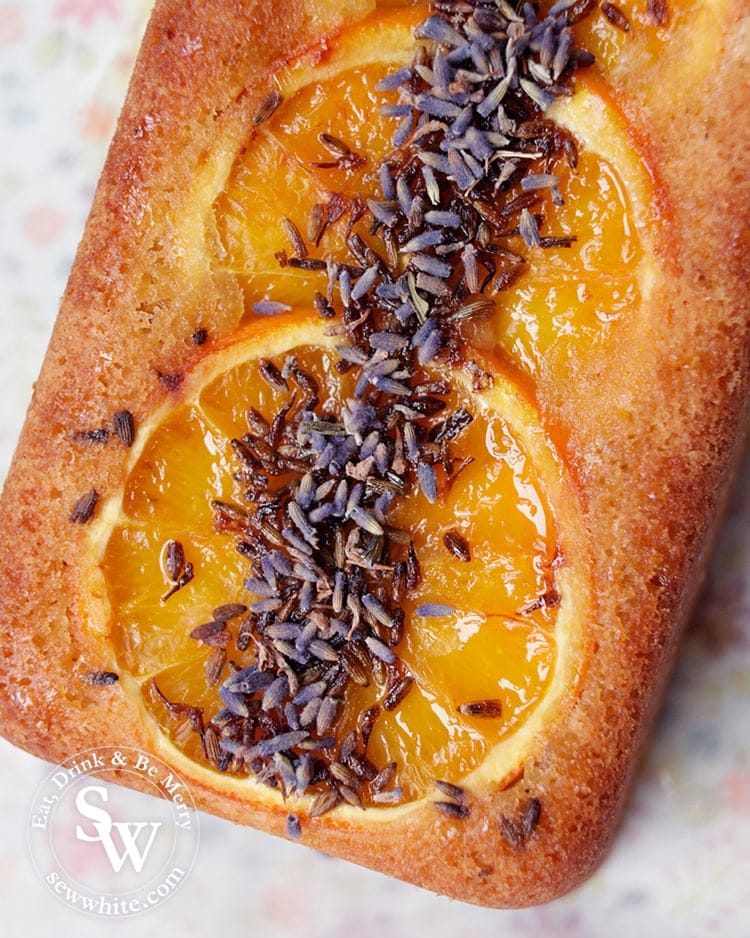 Close up of the lavender and orange slices on top of the Orange Lavender Loaf