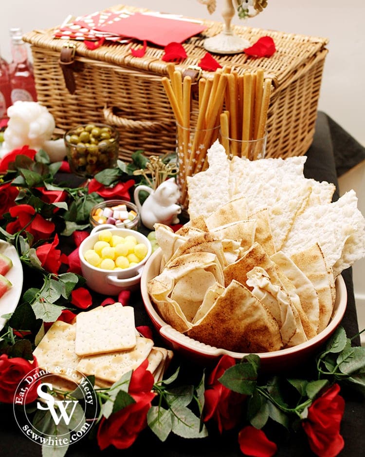 A range of bread, flat breads, crackers and breadsticks on the graze table catering for gluten free, vegan diets at the Beauty and the Beast Party