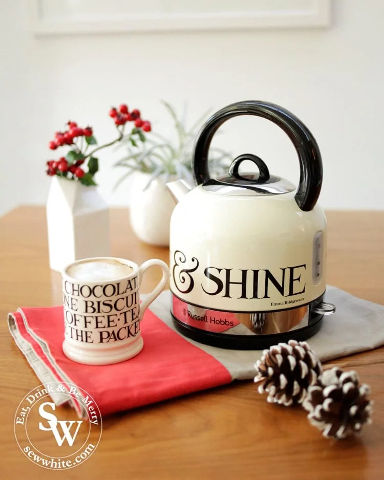 Russell Hobbs and Emma Bridgewater collaboration kettle with  rise and shine written on it in The Top 5 Lifestyle Gifts for Christmas. Perfect Chistmas breakfast.