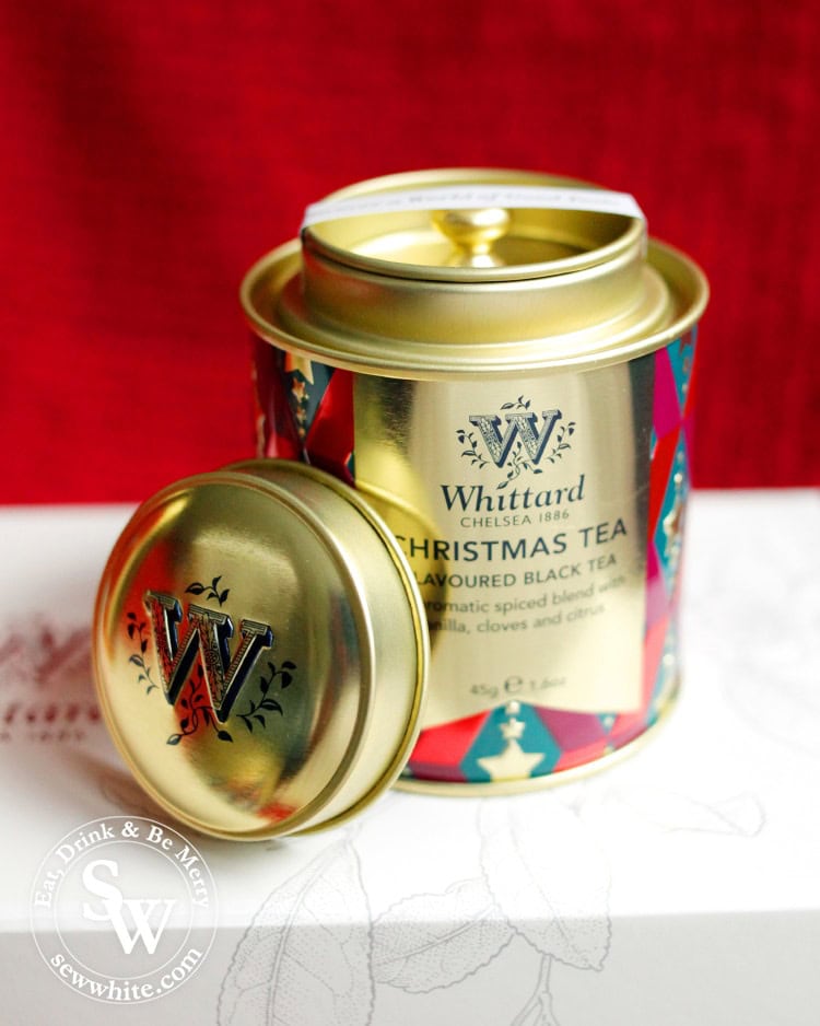 Whittard Christmas tea in a gold and red caddy on the Top 5 Drinks for Christmas 2019