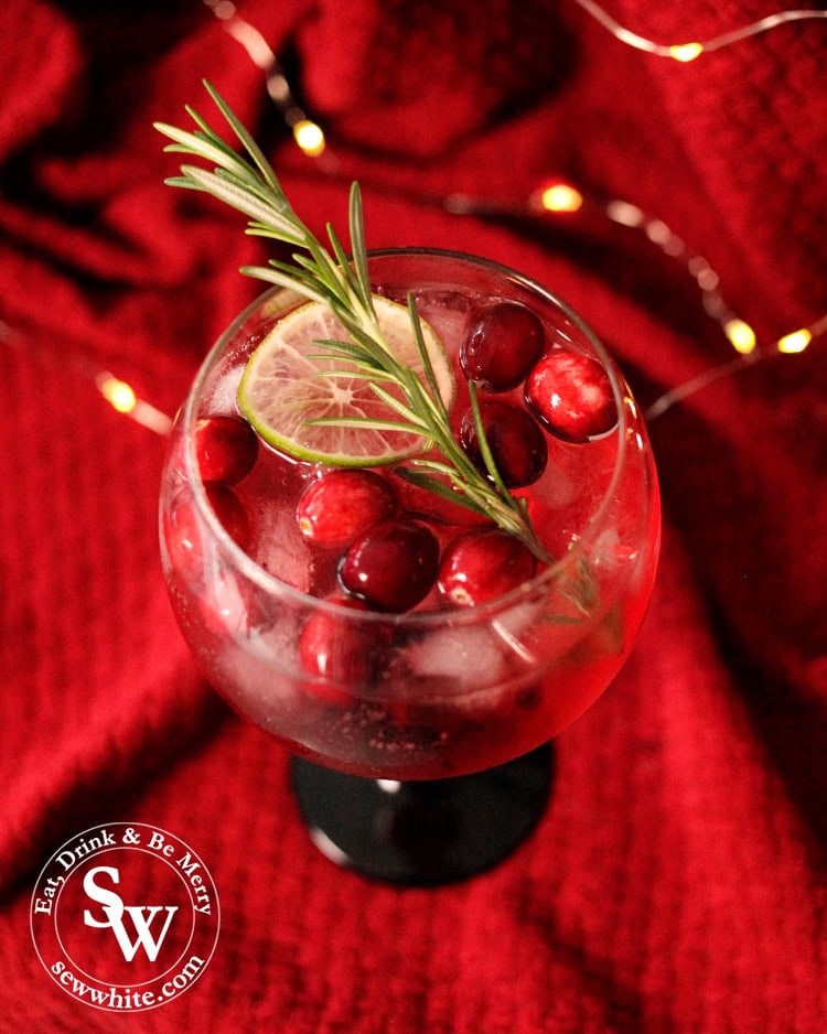 Beautiful red cocktail with a sprig of rosemary, fresh cranberries and a slice of lemon in the Christmas Cranberry Gin Cocktail