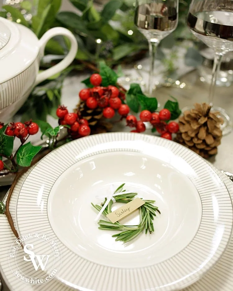 miniature green rosemary wreaths for place settings. 