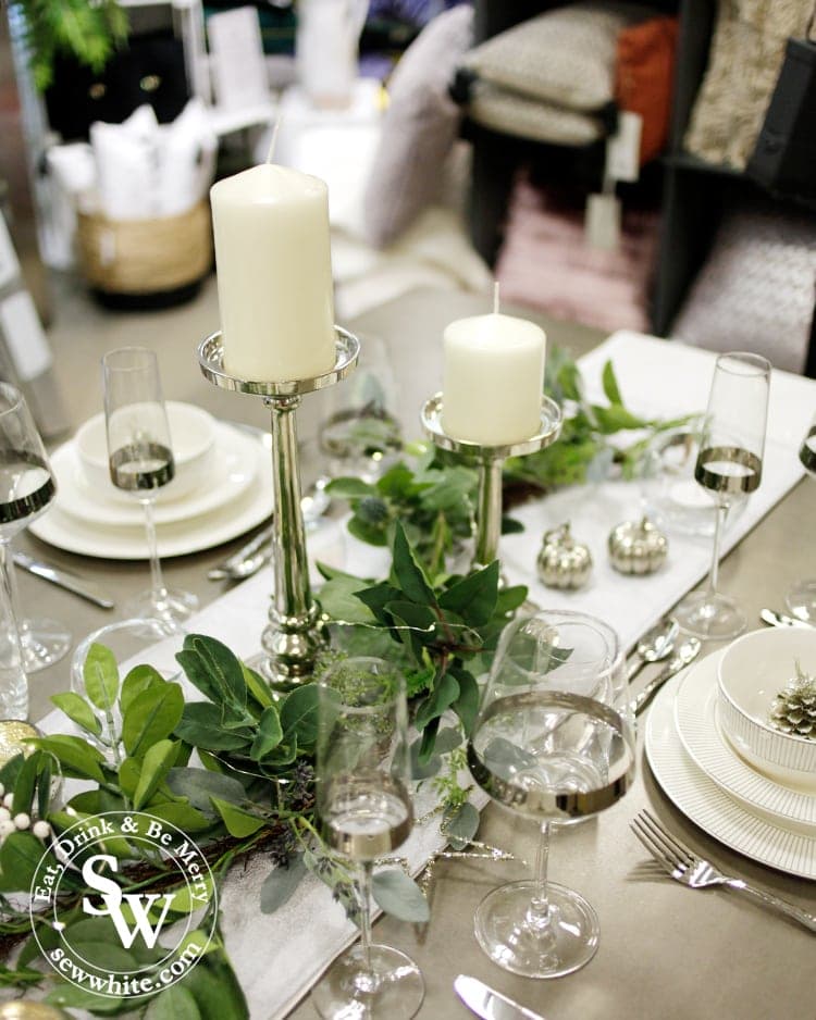 Silver Christmas Table Inspiration with green white company garland and lsa silver band table setting.