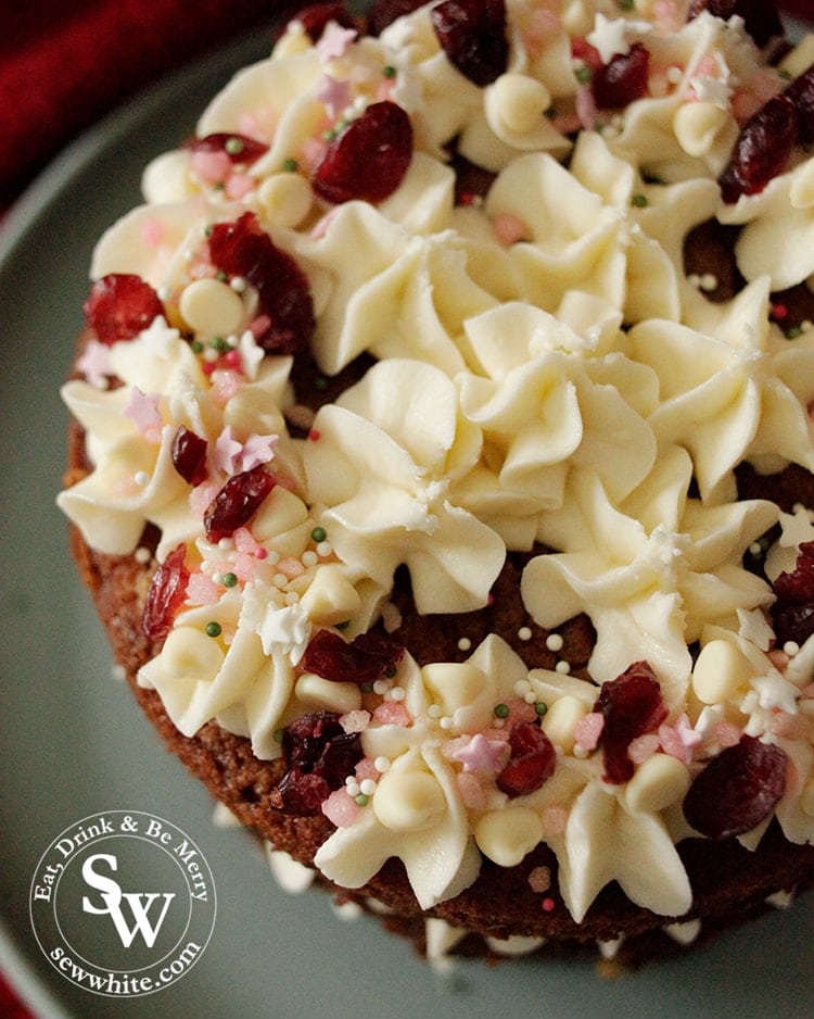 top view of the white chocolate cranberry layer cake