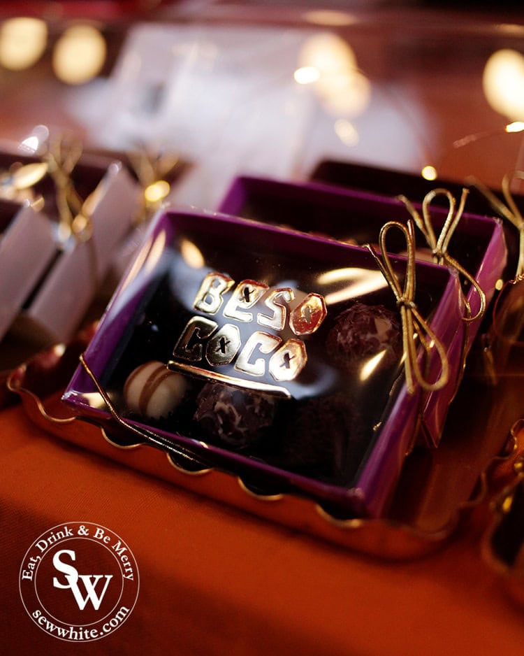 Beso Coco chocolates in their deep purple box with gold lettering. 