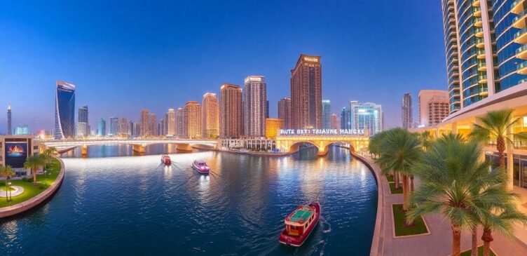 Modern Dubai Water Canal cityscape at dusk.