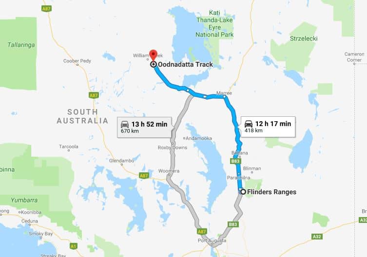 Driving route from the Flinders Ranges to OodnadattaTrack, South Australia Flinders Ranges to OodnadattaTrack