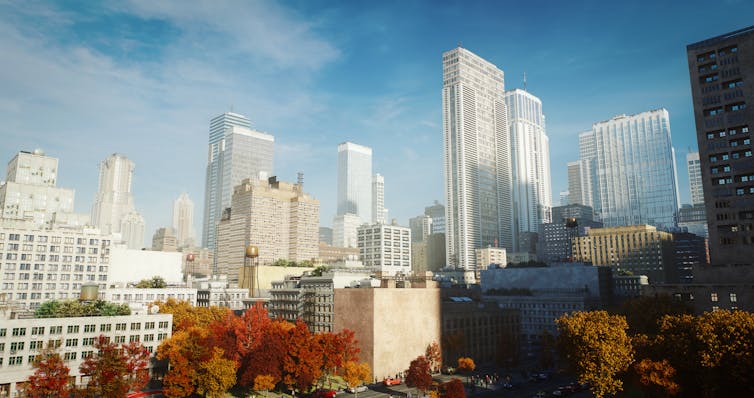 AI-induced cultural stagnation. A cityscape of tall buildings on a fall morning.
