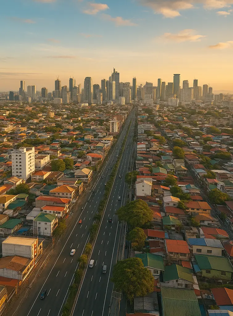Metro Manila skyline at sunset with traffic lights and modern high-rises.