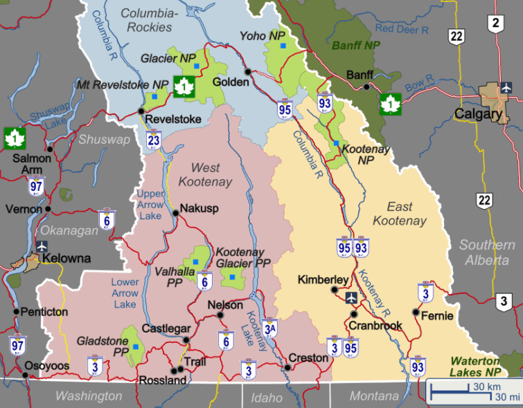 map of the Kootenay region of BC