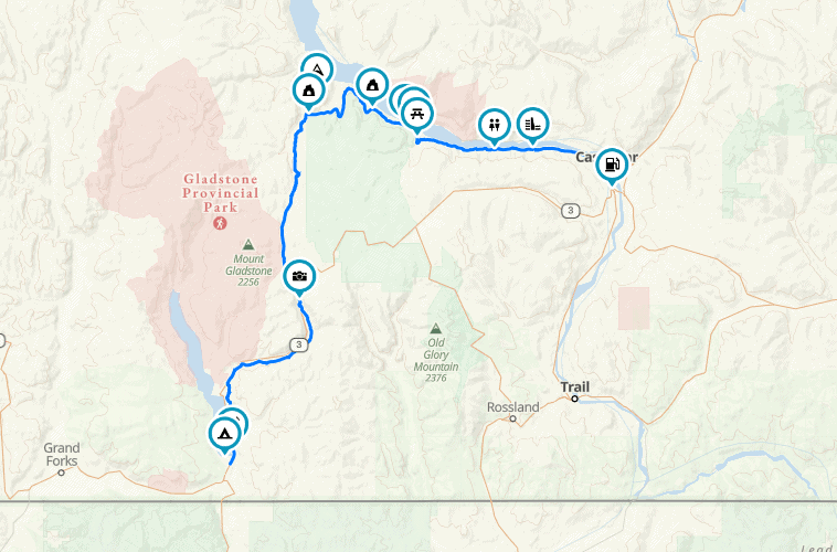 map of Castlegar - Christina Lake motorcycle route
