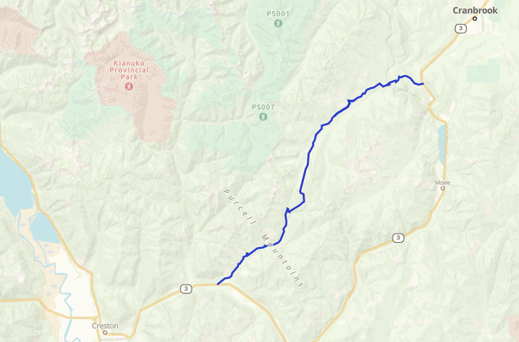 map of Moyie River FSR motorcycle route