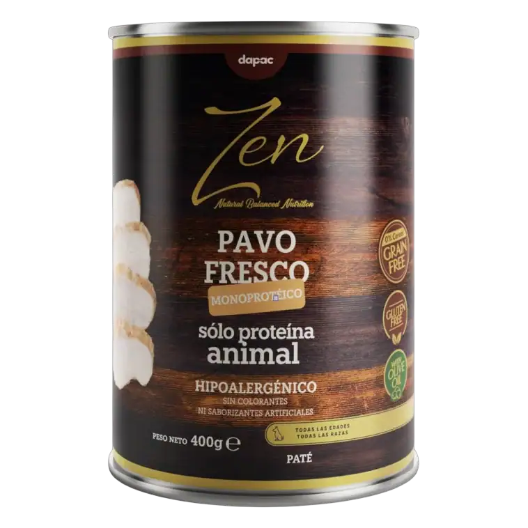 Lata de paté Zen monoproteico de pavo para perros de 400 g, solo proteína animal e hipoalergénico
