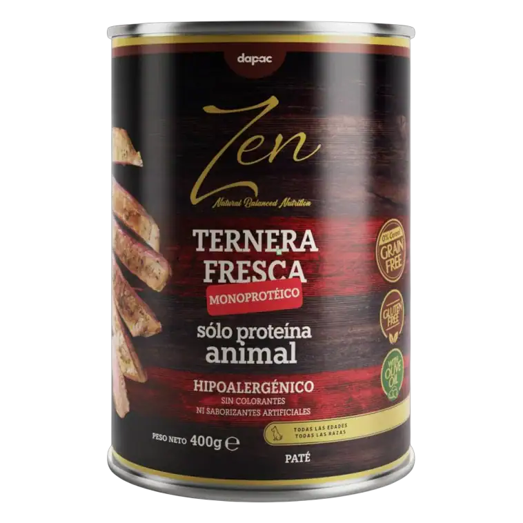 Lata de paté Zen monoproteico de ternera para perros de 400 g, solo proteína animal e hipoalergénico