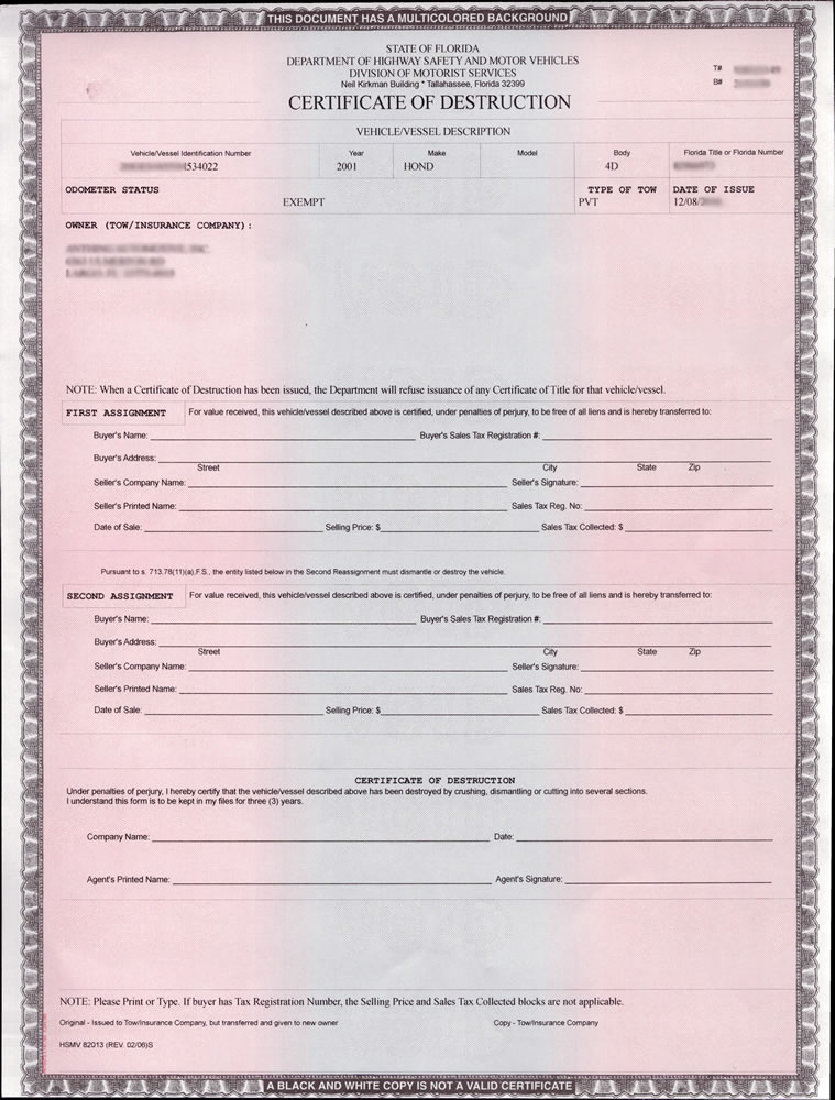 Certificate of Destruction