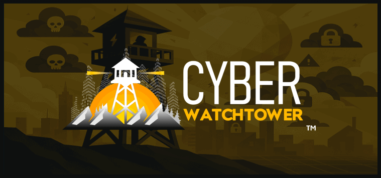 Cybersecurity watchtower graphic with text highlighting Cyber Watchtower advanced tenant management for proactive monitoring and defense.