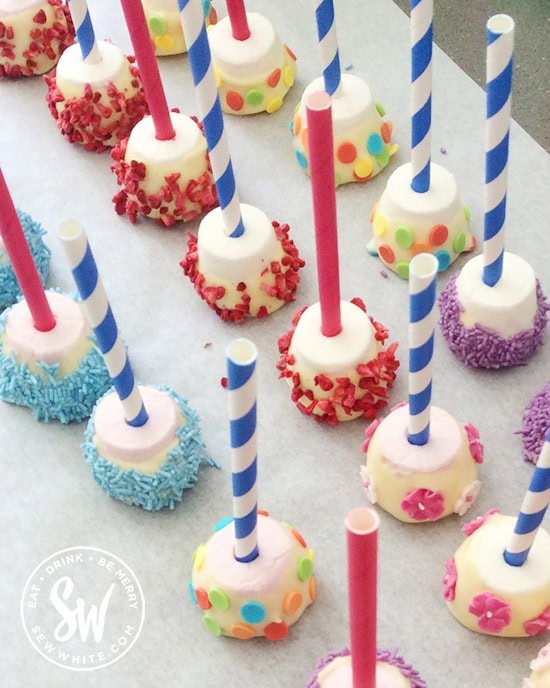 marshmallows on sticks dipped in chocolate and covered with sprinkles