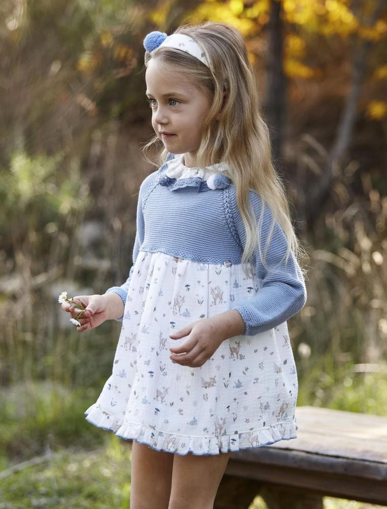 Vestido Cuerpo Punto Azul Falda Estampada Animales