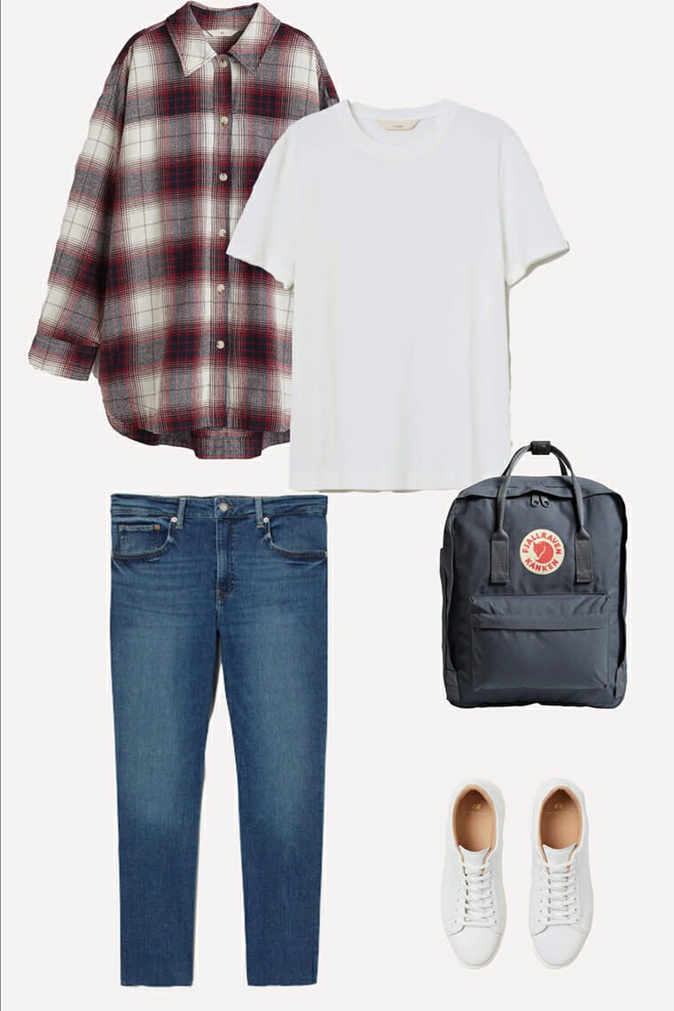 a red and white check shakes, jeans, white trainers and a grey rucksack