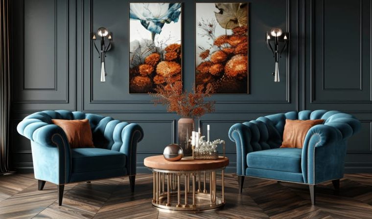 L’ottanio trova equilibrio con legni, neutri e accenti caldi: Design elegante del soggiorno con mobili moderni, tonalità…