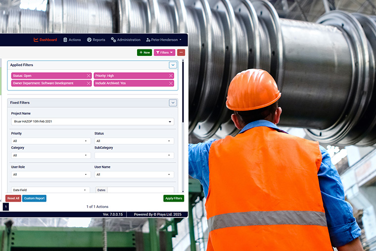 Screenshot of the HAZOP Action Tracker software overlaying a photo of some men in hard hats inspecting some machinery.