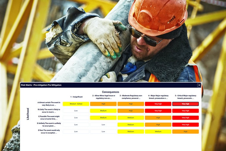 Screenshot of the HAZOP Action Tracker software overlaying a photo of a man in a hard hat carrying a large pipe.