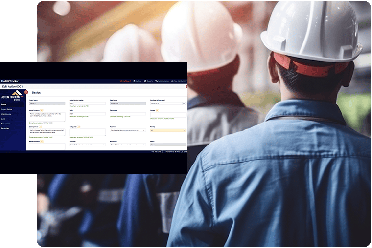 Screenshot of the HAZOP Action Tracker software overlaying a photo of some men in hard hats.