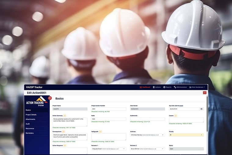 Screenshot of the HAZOP Action Tracker software overlaying a photo of some men in hard hats.