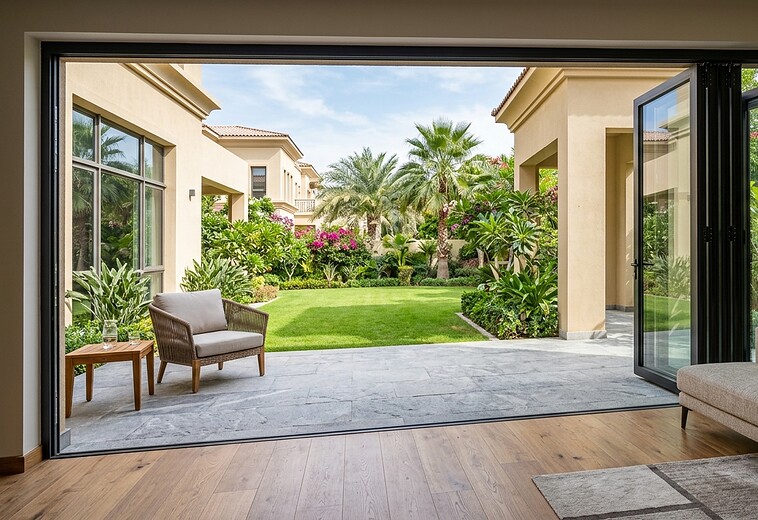 Six-panel folding doors joining a family room and garden at an Emirates Hills villa