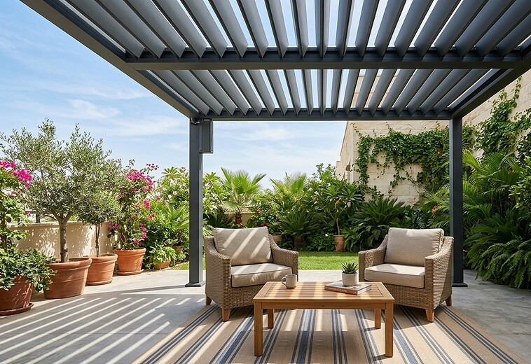 Adjustable louvred aluminium pergola shading a terrace seating area in Al Barsha
