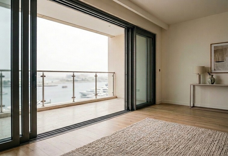 Slim sliding glass system opening a Dubai Marina living room onto the balcony
