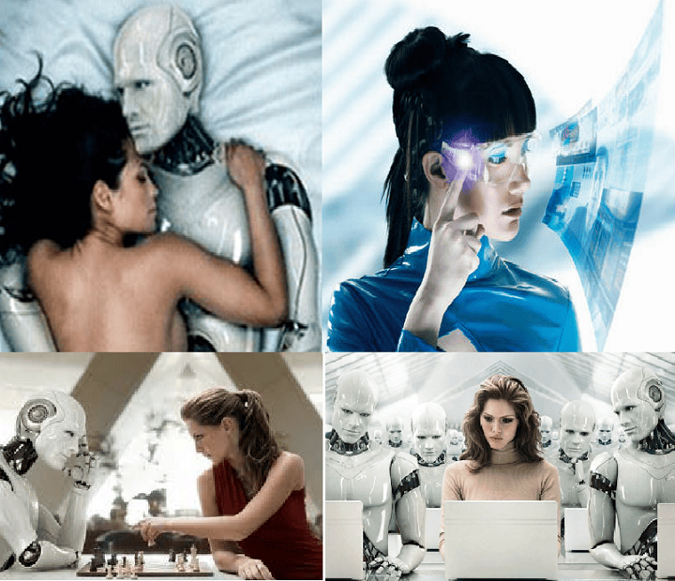 Colagem de imagens ilustrando a convivência e interação entre seres humanos e robôs humanoides em diversos cenários
