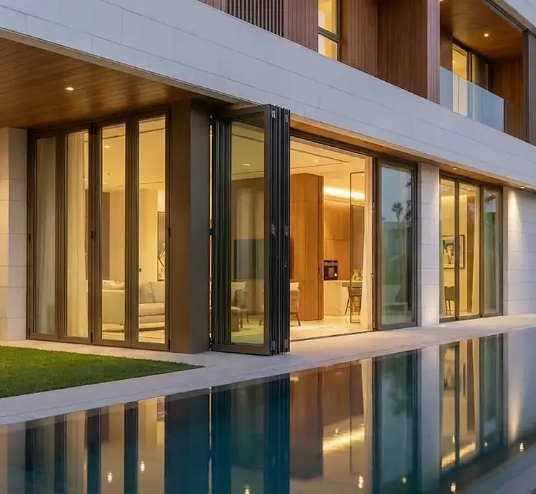 Aluminium and glass folding and sliding doors installed in a Dubai villa by Solo Dream