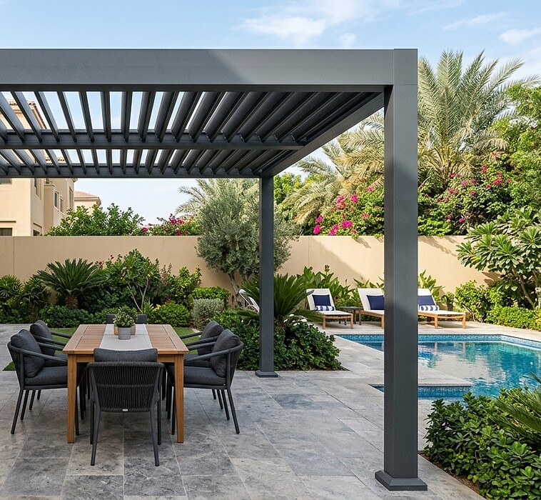Bioclimatic louvred aluminium pergola over a Dubai villa terrace and pool