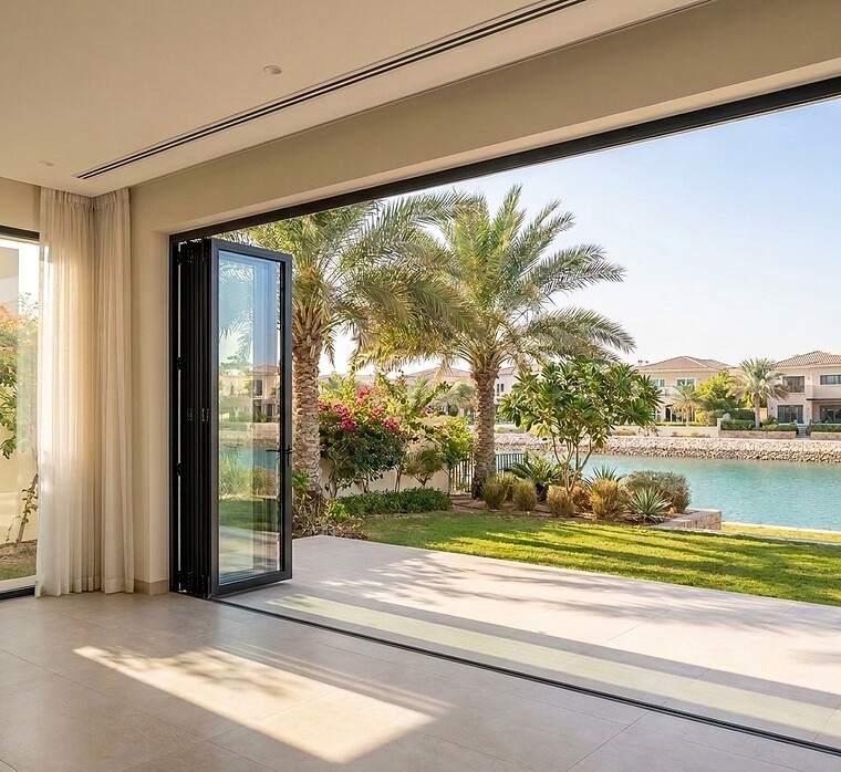 Aluminium folding doors opening a waterfront villa onto a garden in Abu Dhabi
