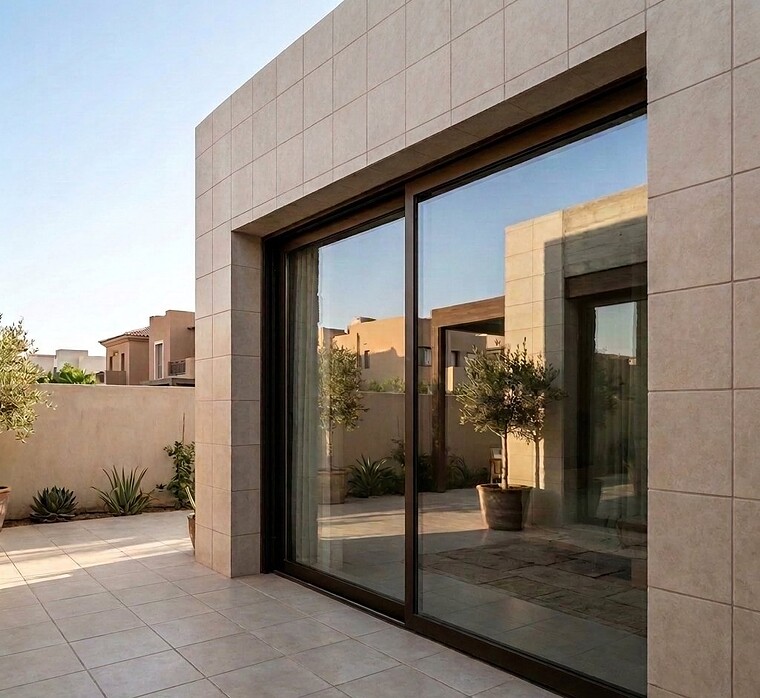 Aluminium sliding doors opening a sea-view apartment onto a balcony in Abu Dhabi