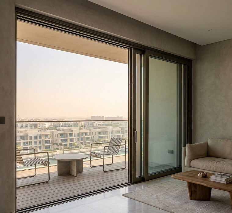Sliding glass balcony door open on a Dubai Marina apartment overlooking the water and towers