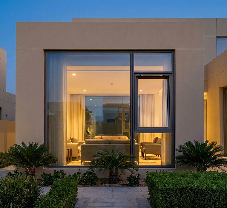 Modern Dubai villa facade at dusk with large aluminium picture and tilt windows lit from inside