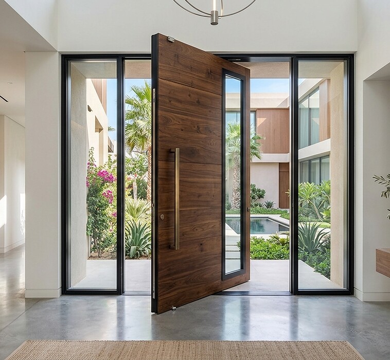 Aluminium and timber pivot entrance door open onto a Dubai villa pool courtyard