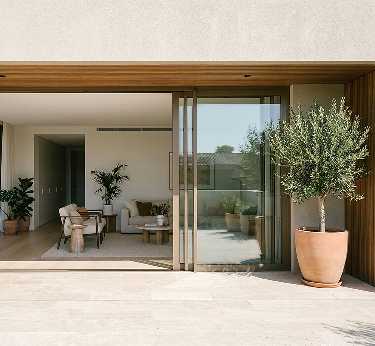 Aluminium sliding glass doors opening a Dubai villa living room onto a terrace with an olive tree