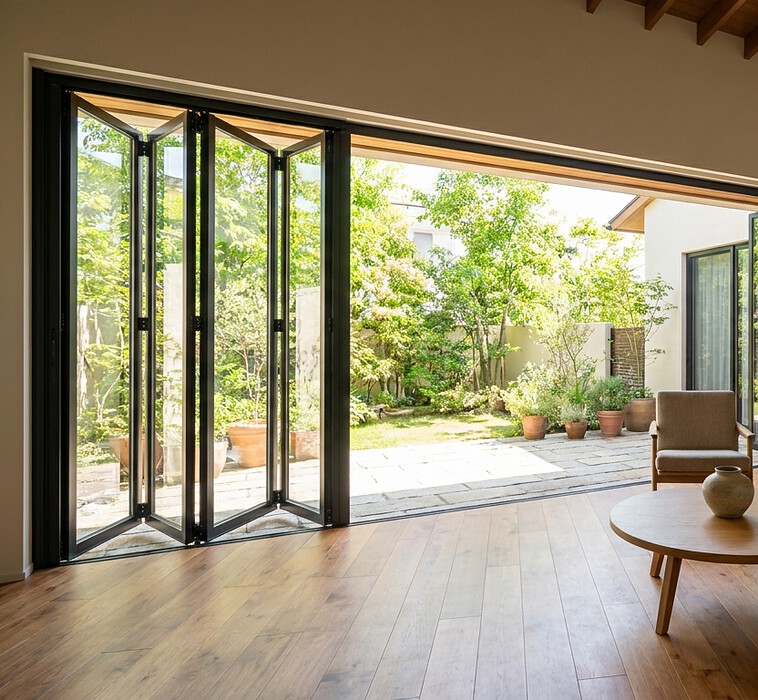 Aluminium and glass folding and sliding doors installed in a Dubai villa