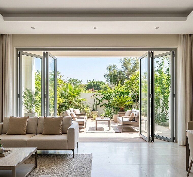 Aluminium bi-fold folding doors opened onto a Dubai villa terrace by Solo Dream